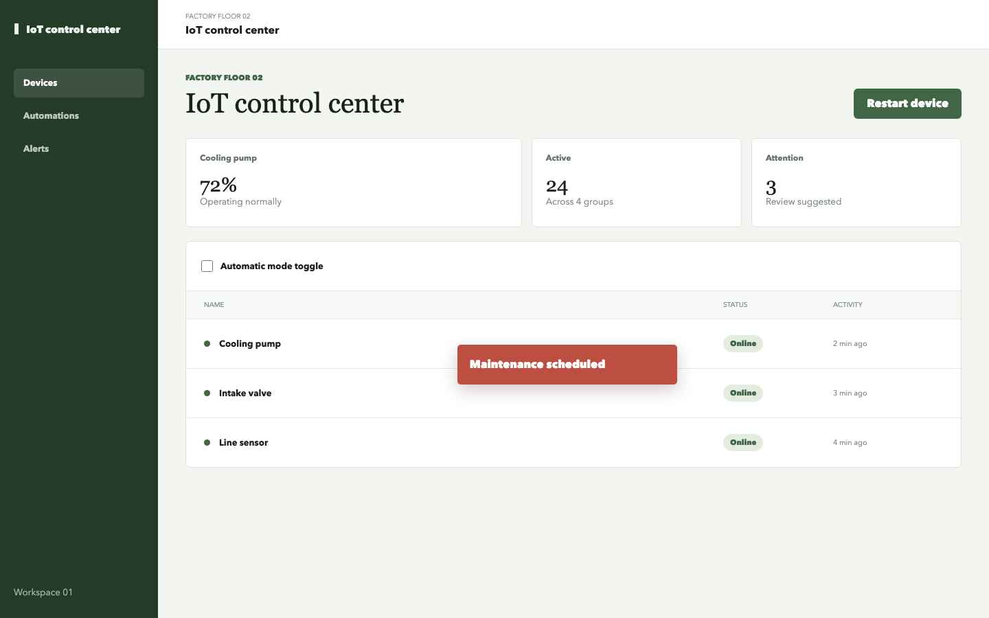 IoT control center with element overlap